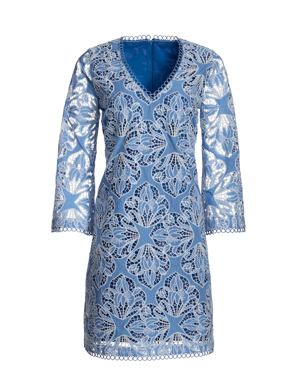 NWOT Boston Proper Size 8 Two Tone Lace Three Quarter Sleeve Blue & White Dress - Picture 2 of 14